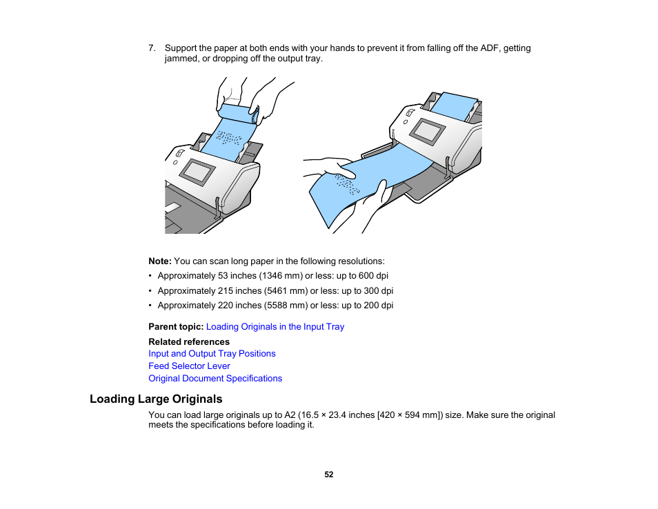 Loading large originals | Epson DS-32000 Large-Format Document Scanner User Manual | Page 52 / 172