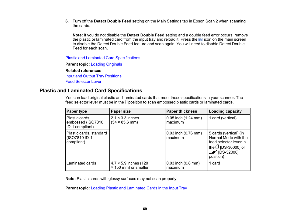 Plastic and laminated card specifications | Epson DS-32000 Large-Format Document Scanner User Manual | Page 69 / 172