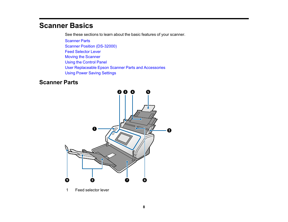 Scanner basics, Scanner parts | Epson DS-32000 Large-Format Document Scanner User Manual | Page 8 / 172