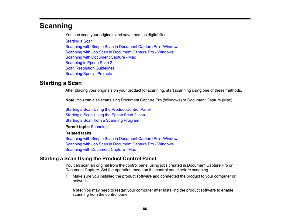 Scanning, Starting a scan, Starting a scan using the product control panel | Epson DS-32000 Large-Format Document Scanner User Manual | Page 86 / 172