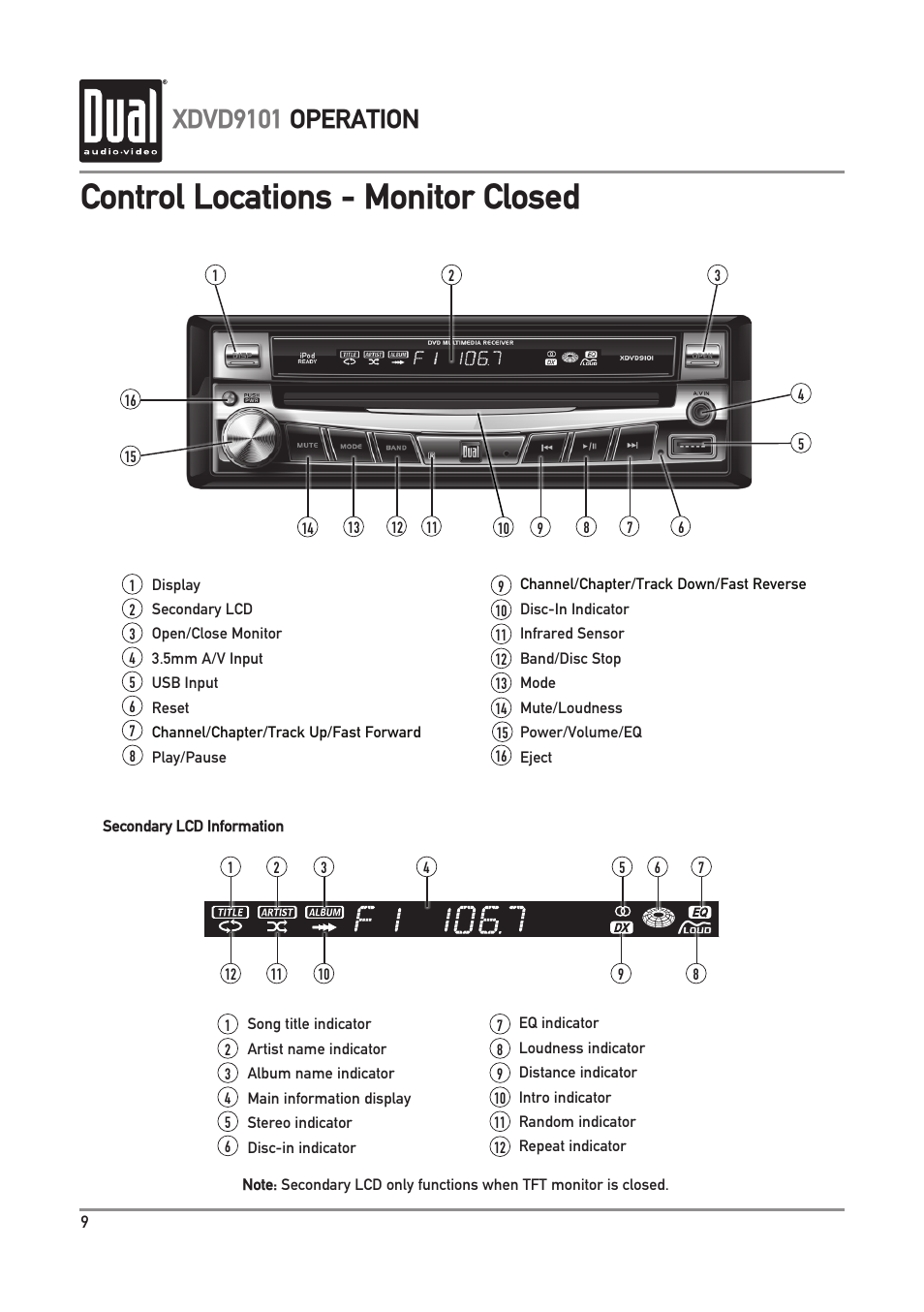 Control locations - monitor closed, Xdvd9101 operation | Dual XDVD9101 User Manual | Page 10 / 72