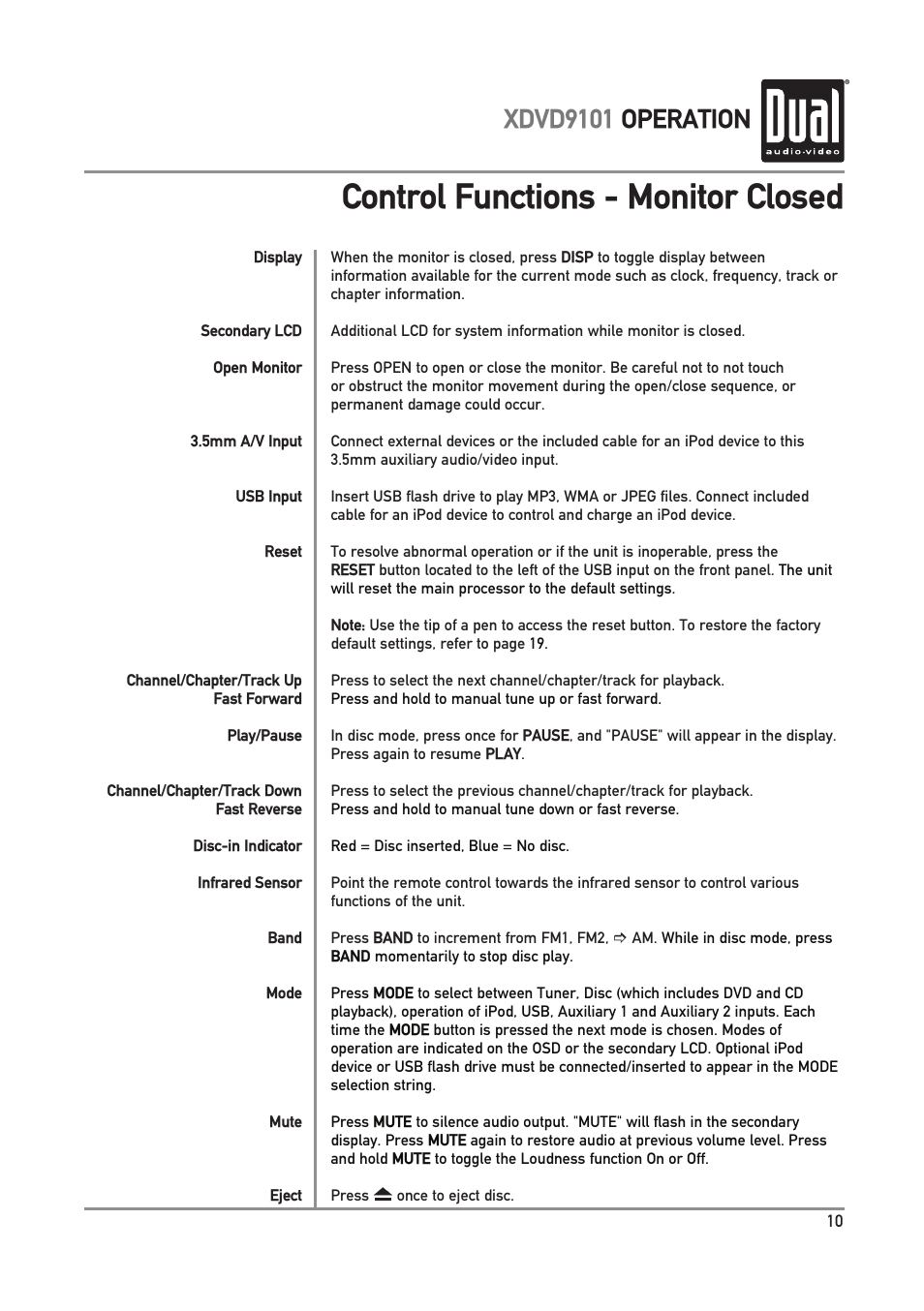 Control functions - monitor closed, Xdvd9101 operation | Dual XDVD9101 User Manual | Page 11 / 72