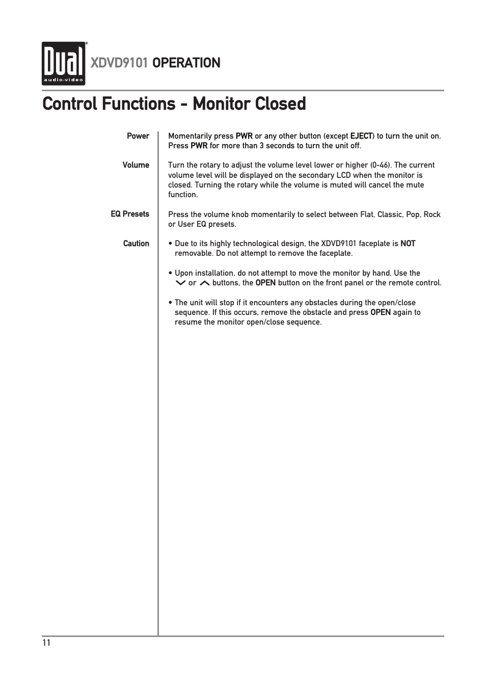 Control functions - monitor closed, Xdvd9101 operation | Dual XDVD9101 User Manual | Page 12 / 72