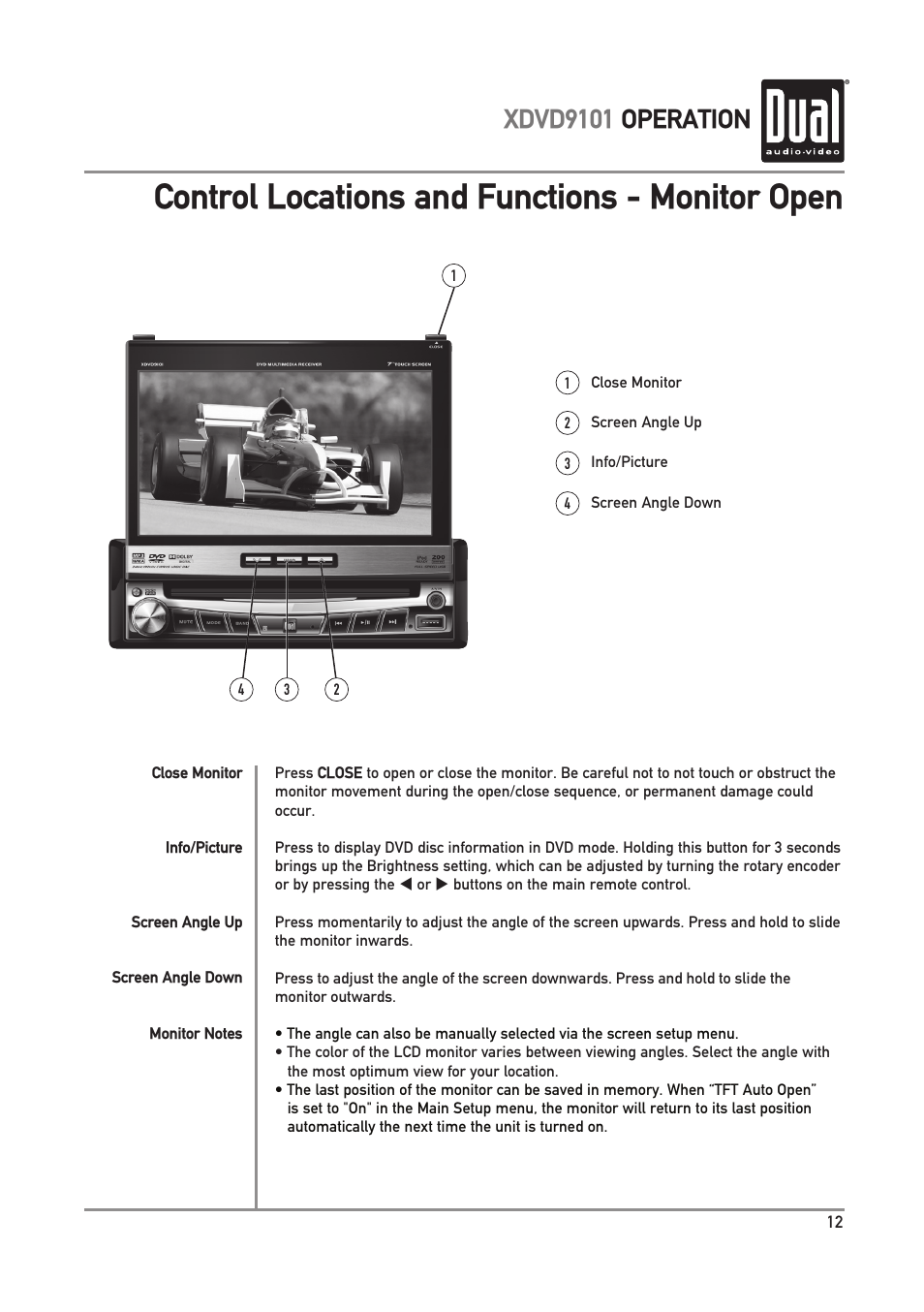 Control locations and functions - monitor open, Xdvd9101 operation | Dual XDVD9101 User Manual | Page 13 / 72