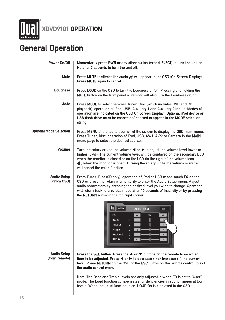 General operation, Xdvd9101 operation | Dual XDVD9101 User Manual | Page 16 / 72