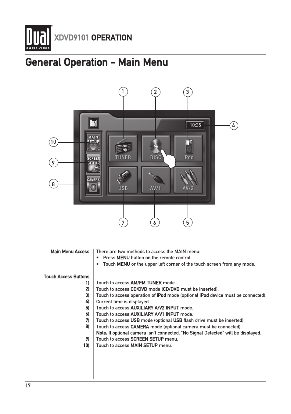 General operation - main menu, Xdvd9101 operation | Dual XDVD9101 User Manual | Page 18 / 72