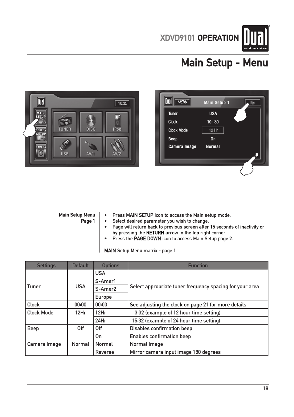Main setup - menu, Xdvd9101 operation | Dual XDVD9101 User Manual | Page 19 / 72