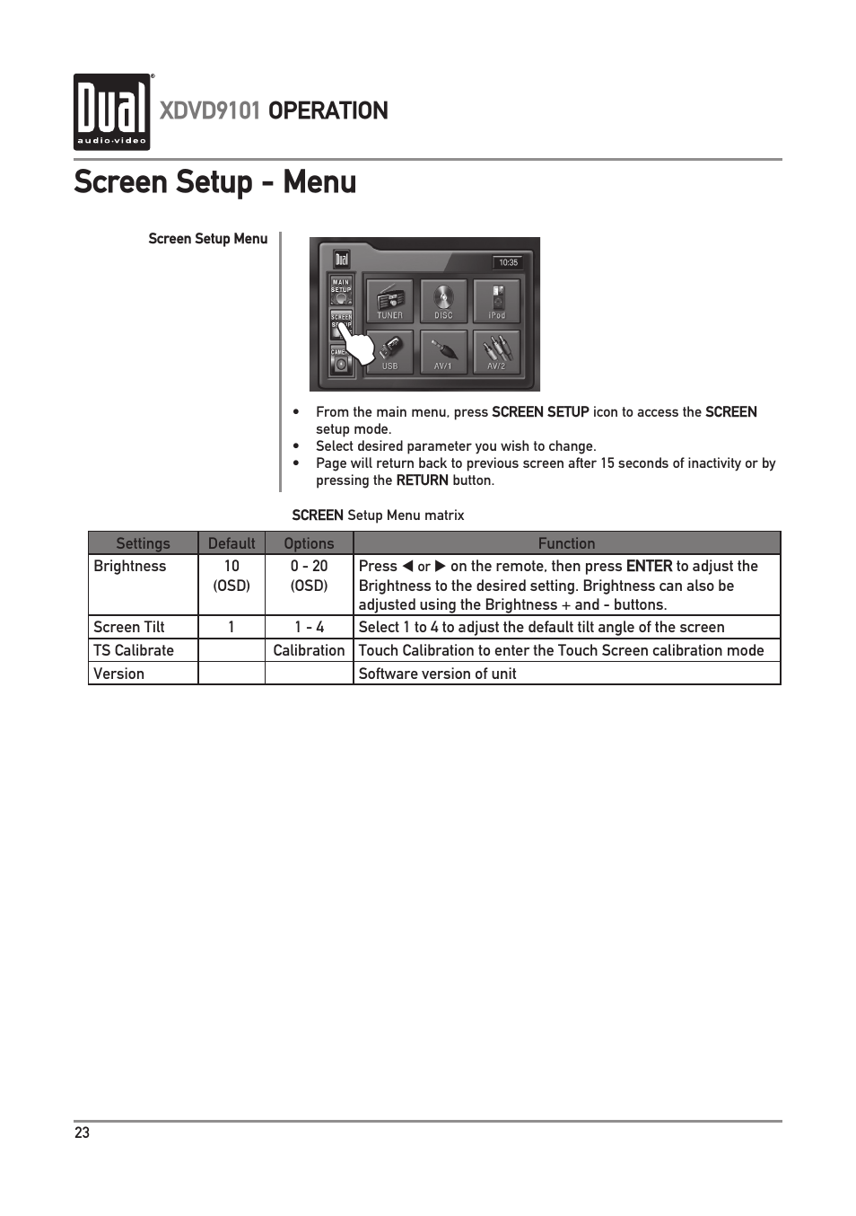 Screen setup - menu, Xdvd9101 operation | Dual XDVD9101 User Manual | Page 24 / 72