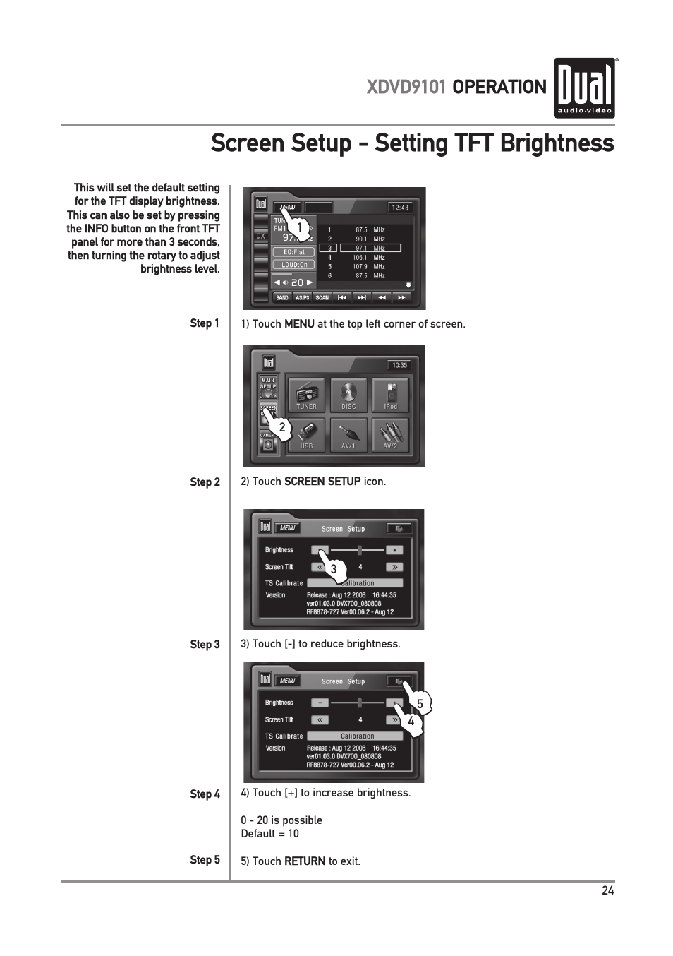 Screen setup - setting tft brightness | Dual XDVD9101 User Manual | Page 25 / 72
