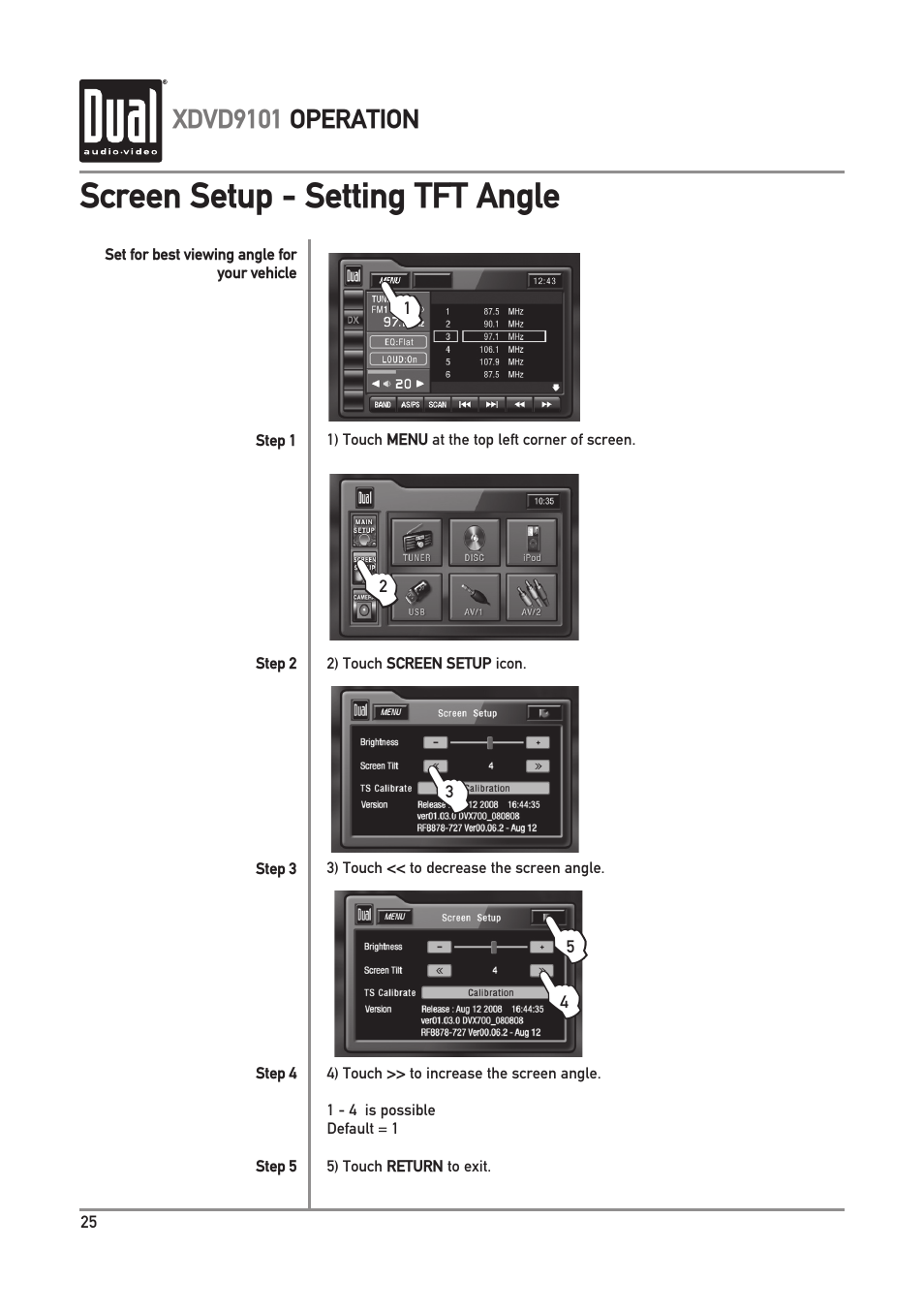 Screen setup - setting tft angle | Dual XDVD9101 User Manual | Page 26 / 72