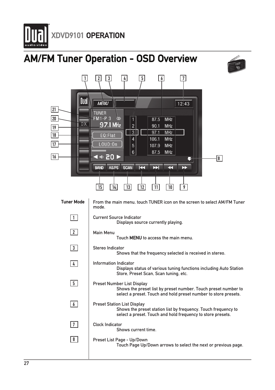 Am/fm tuner operation - osd overview, Xdvd9101 operation | Dual XDVD9101 User Manual | Page 28 / 72