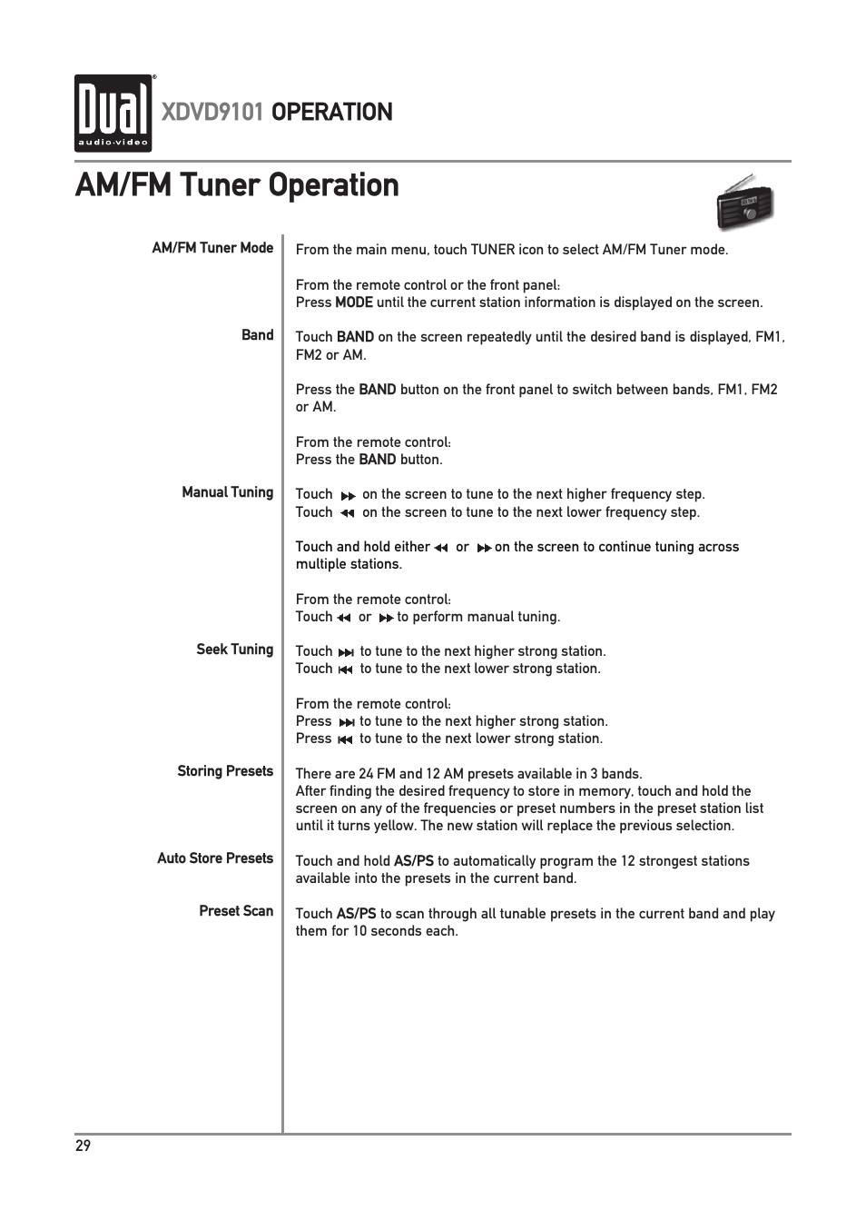 Am/fm tuner operation, Xdvd9101 operation | Dual XDVD9101 User Manual | Page 30 / 72