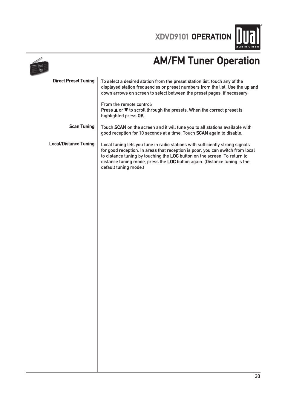 Am/fm tuner operation, Xdvd9101 operation | Dual XDVD9101 User Manual | Page 31 / 72