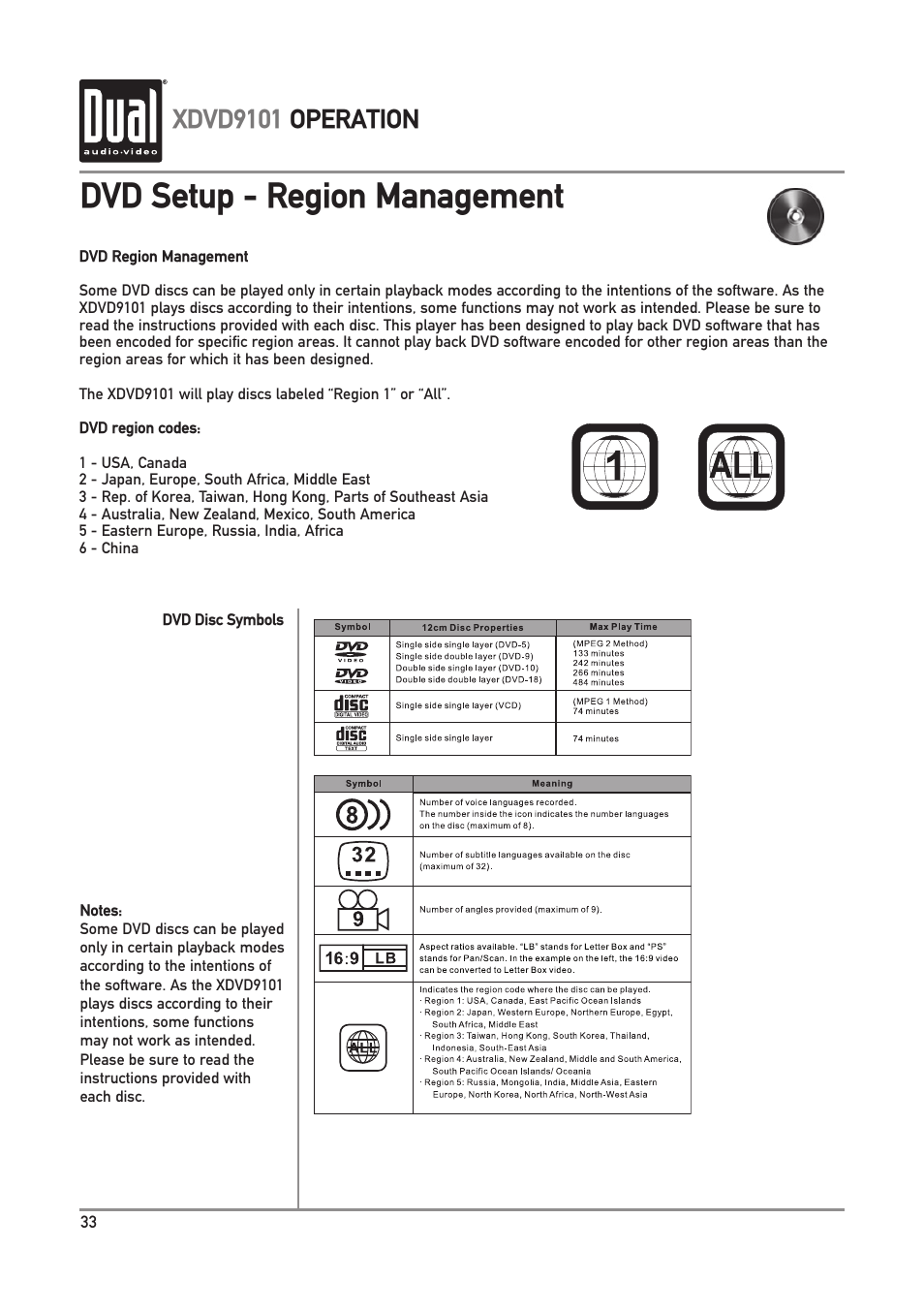 Dvd setup - region management, Xdvd9101 operation | Dual XDVD9101 User Manual | Page 34 / 72