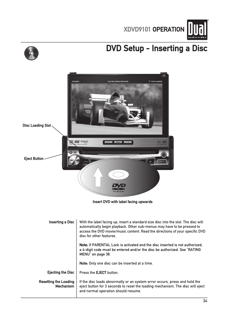 Dvd setup - inserting a disc, Xdvd9101 operation | Dual XDVD9101 User Manual | Page 35 / 72