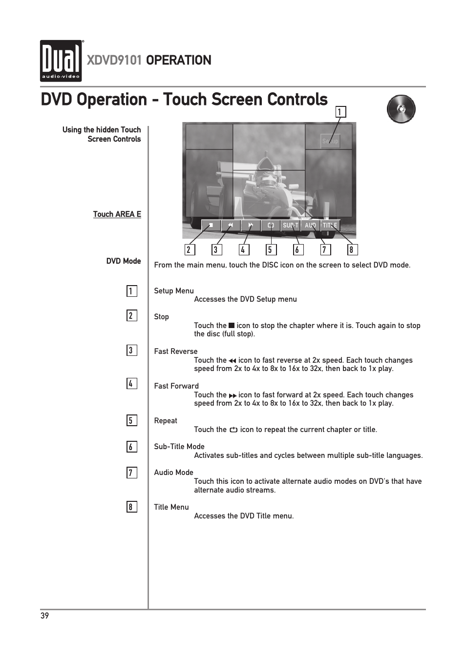 Dvd operation - touch screen controls, Xdvd9101 operation | Dual XDVD9101 User Manual | Page 40 / 72