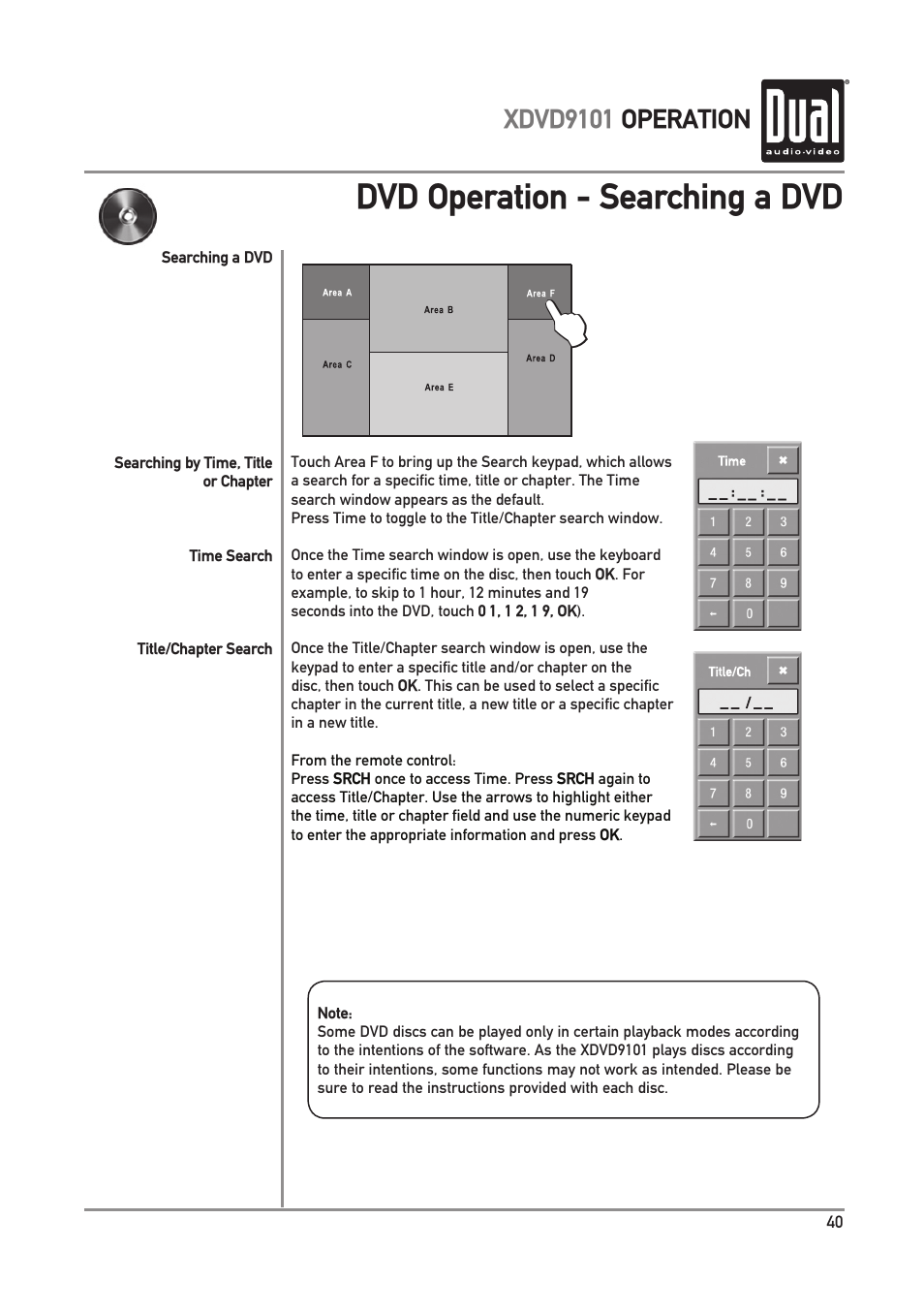 Dvd operation - searching a dvd, Xdvd9101 operation | Dual XDVD9101 User Manual | Page 41 / 72