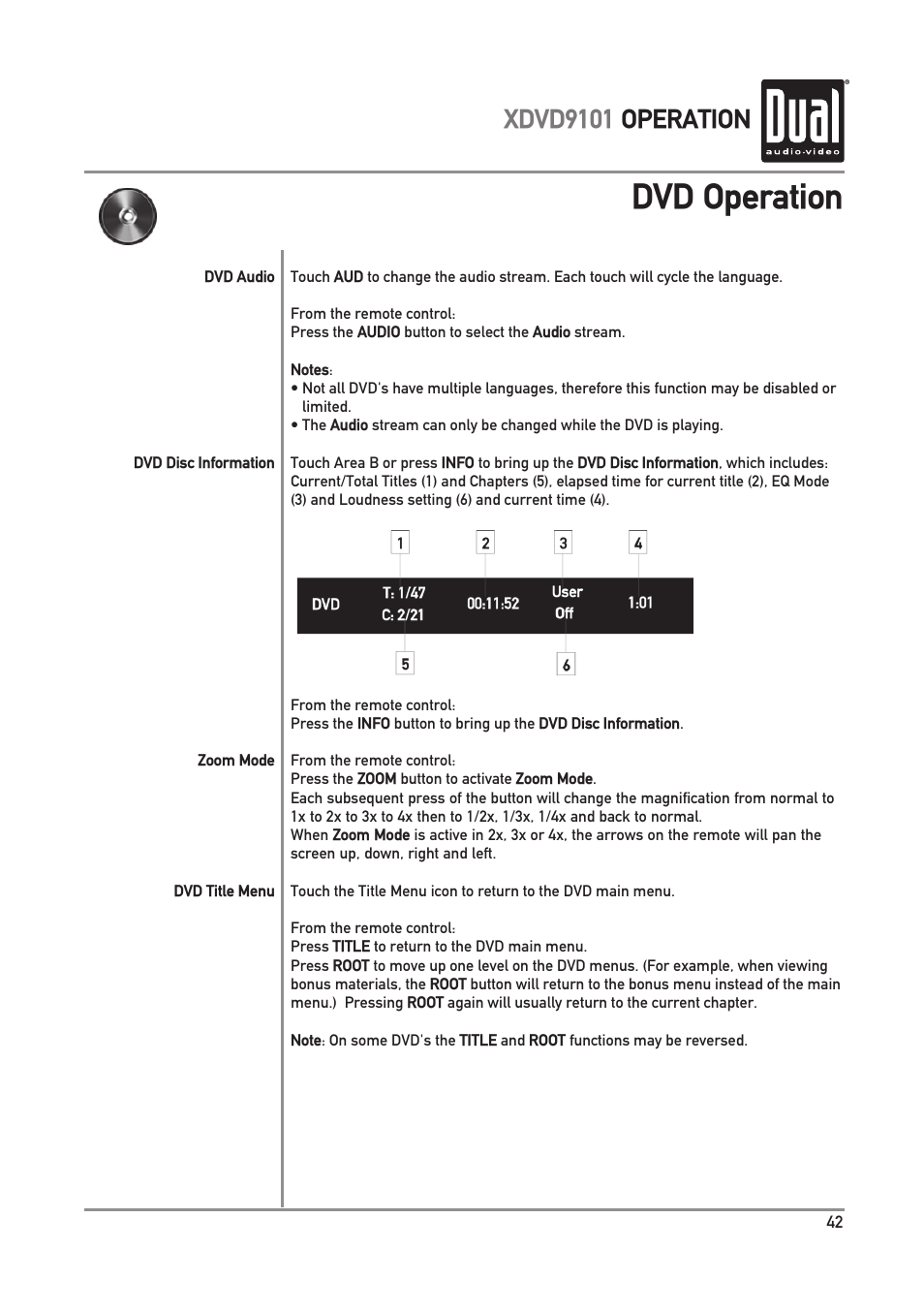 Dvd operation, Xdvd9101 operation | Dual XDVD9101 User Manual | Page 43 / 72