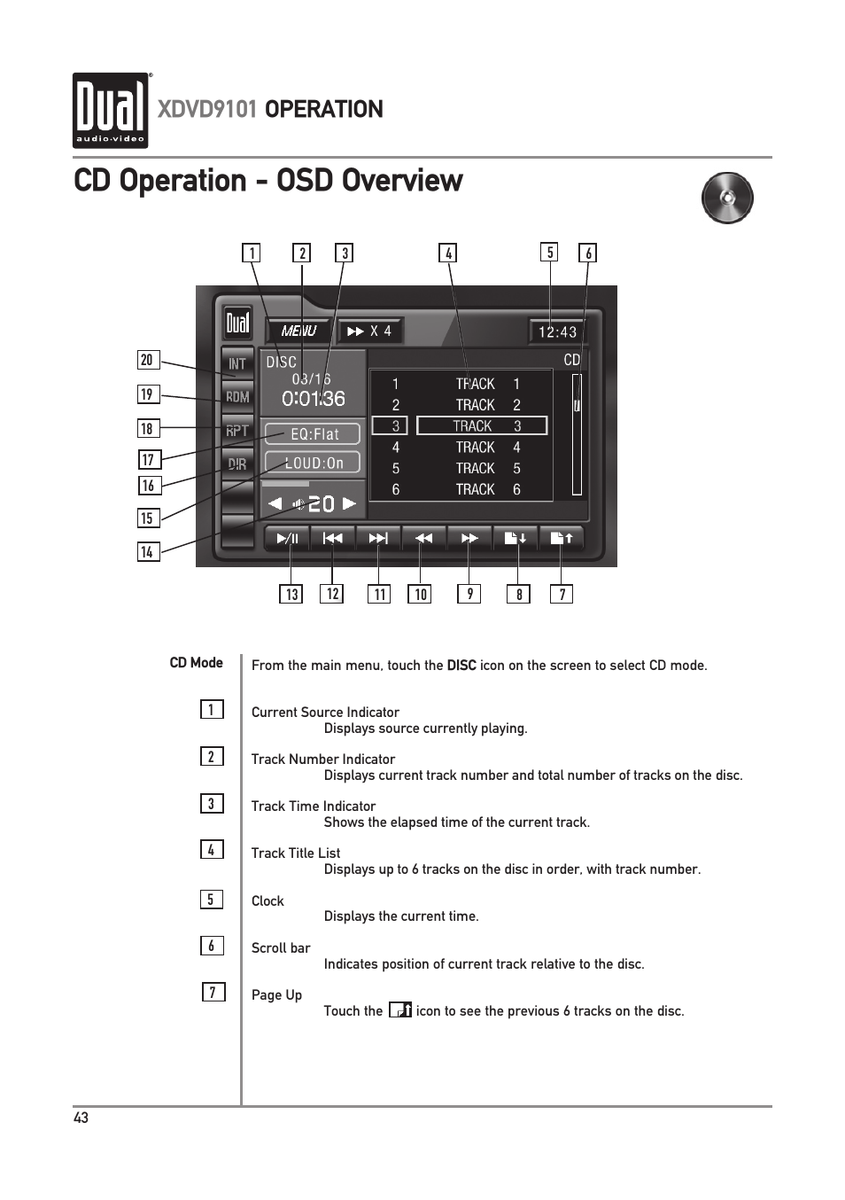 Cd operation - osd overview, Xdvd9101 operation | Dual XDVD9101 User Manual | Page 44 / 72