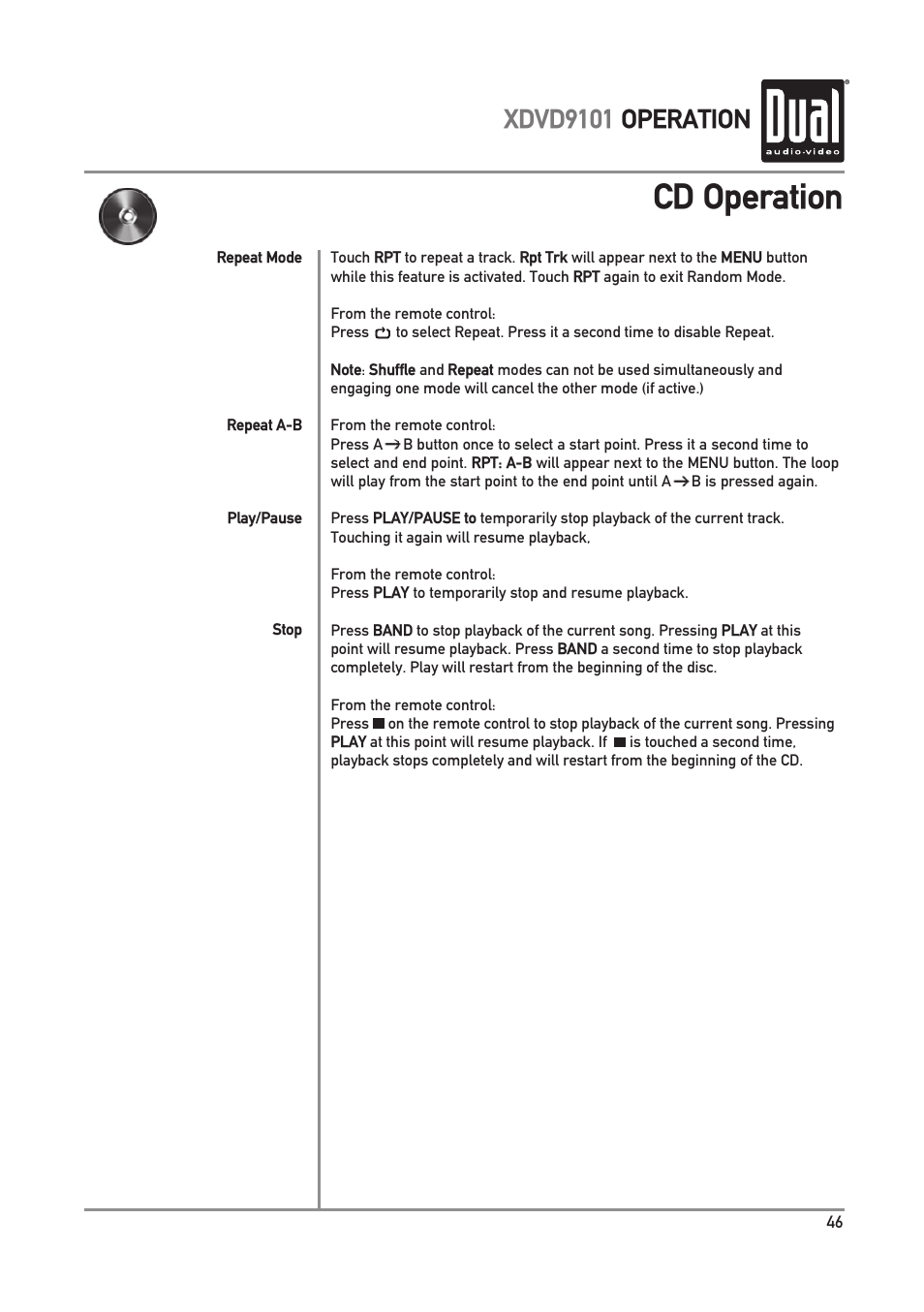 Cd operation, Xdvd9101 operation | Dual XDVD9101 User Manual | Page 47 / 72