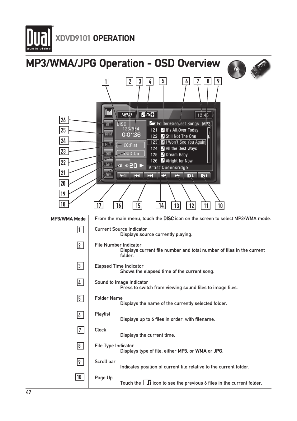 Mp3/wma/jpg operation - osd overview, Xdvd9101 operation | Dual XDVD9101 User Manual | Page 48 / 72