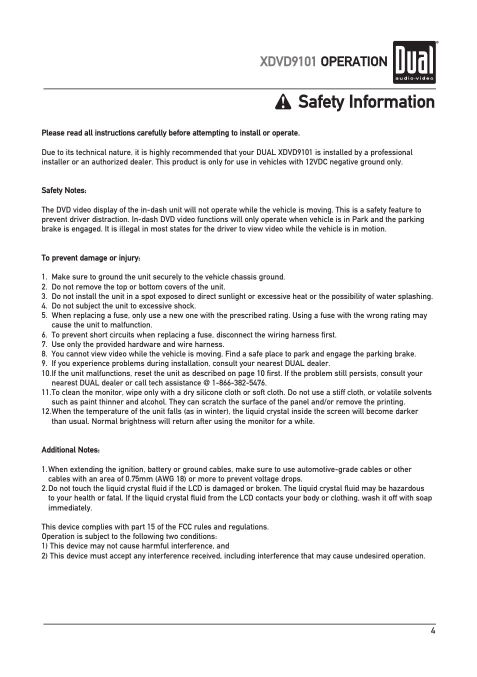 Safety information, Xdvd9101 operation | Dual XDVD9101 User Manual | Page 5 / 72