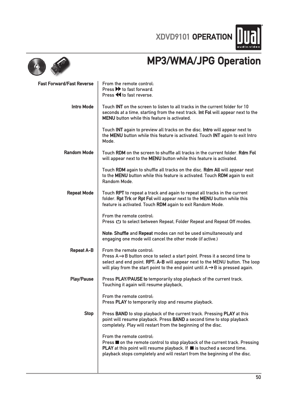 Mp3/wma/jpg operation, Xdvd9101 operation | Dual XDVD9101 User Manual | Page 51 / 72