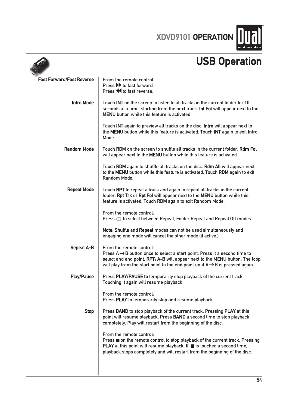 Usb operation, Xdvd9101 operation | Dual XDVD9101 User Manual | Page 55 / 72