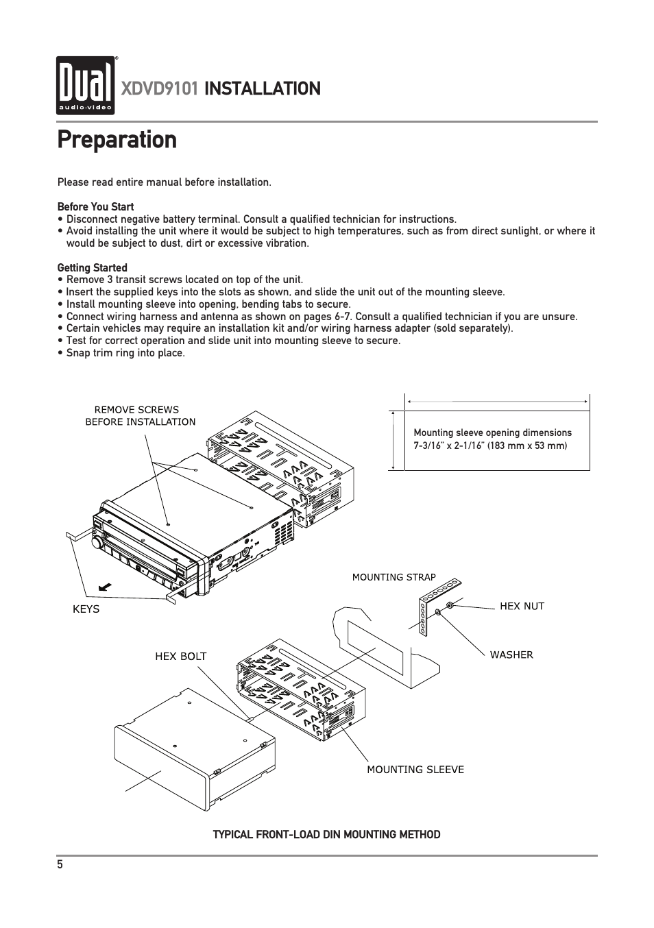 Preparation, Xdvd9101 installation | Dual XDVD9101 User Manual | Page 6 / 72