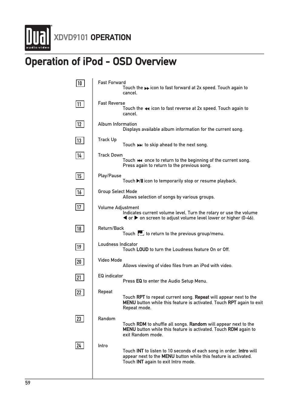 Operation of ipod - osd overview, Xdvd9101 operation | Dual XDVD9101 User Manual | Page 60 / 72