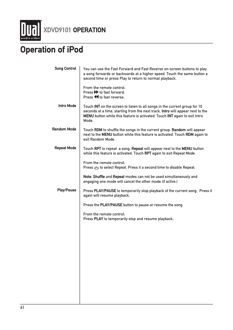 Operation of ipod, Xdvd9101 operation | Dual XDVD9101 User Manual | Page 62 / 72