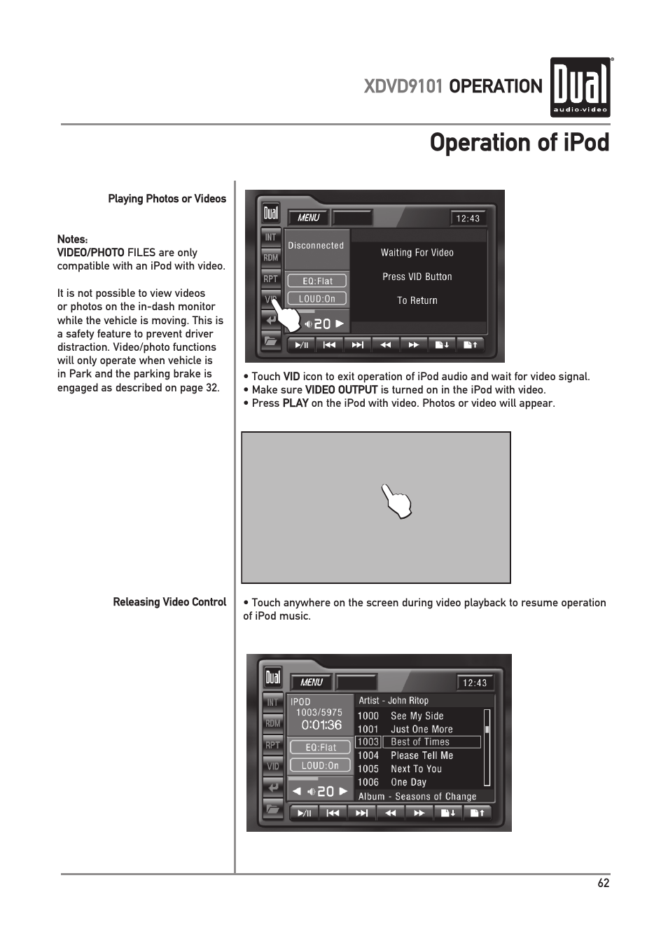 Operation of ipod | Dual XDVD9101 User Manual | Page 63 / 72