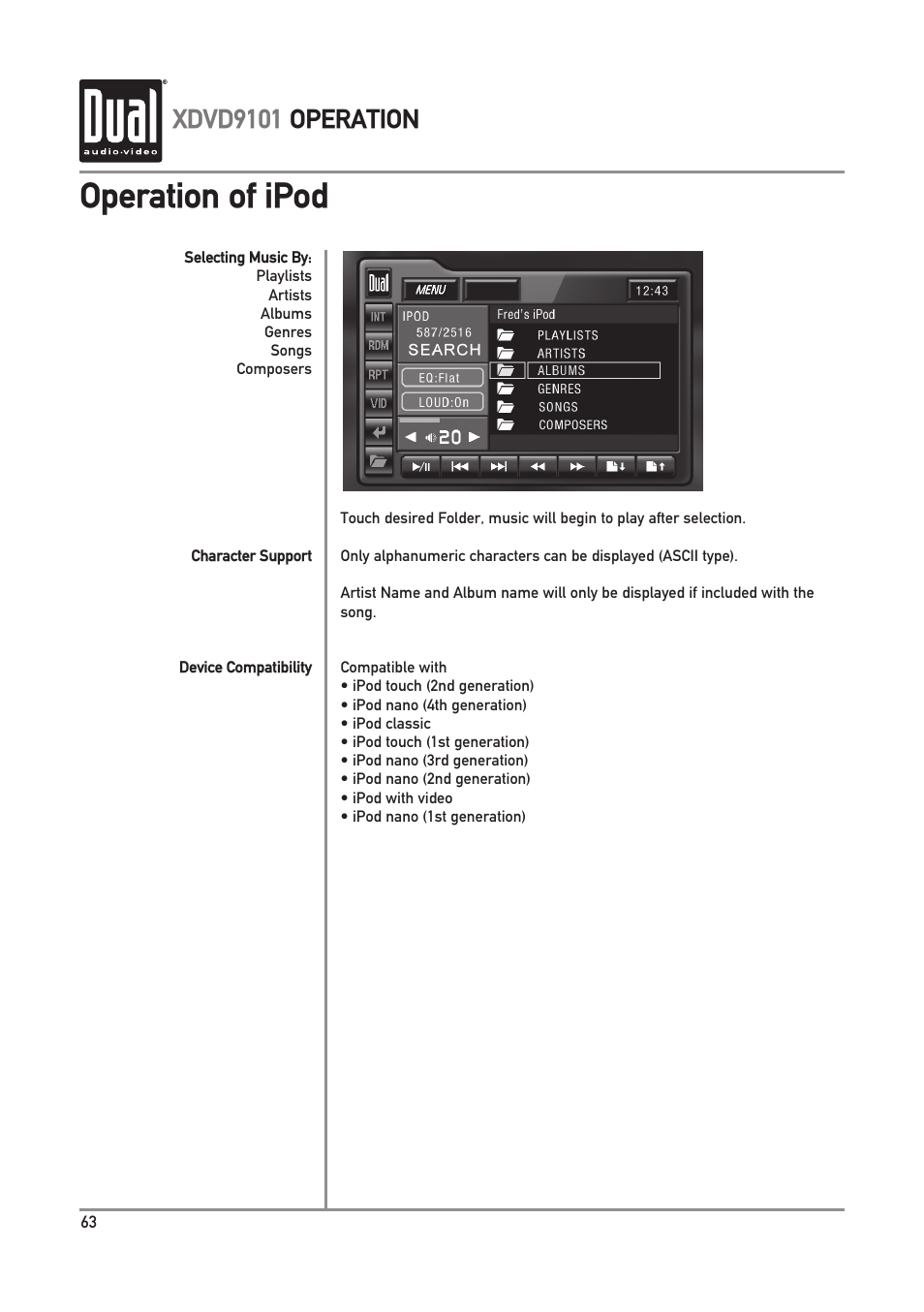 Operation of ipod, Xdvd9101 operation | Dual XDVD9101 User Manual | Page 64 / 72