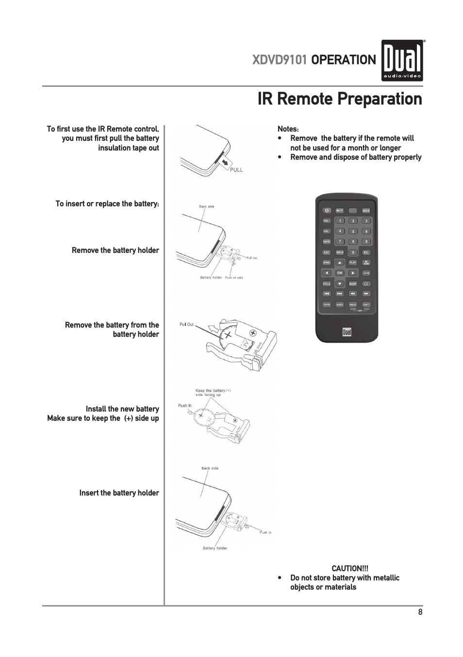 Ir remote preparation, Xdvd9101 operation | Dual XDVD9101 User Manual | Page 9 / 72