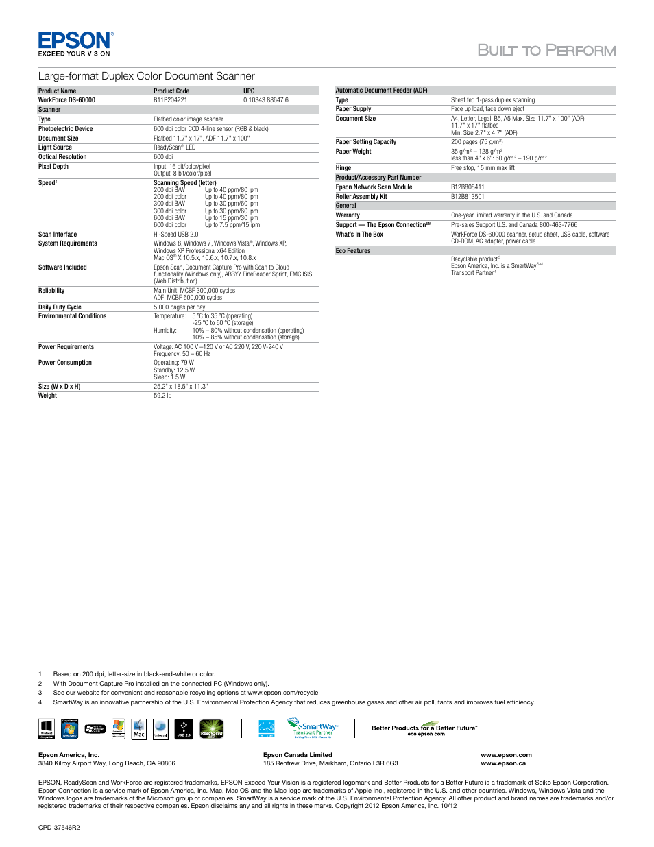 Large-format duplex color document scanner | Epson Workforce DS-60000 Scanner User Manual | Page 2 / 2