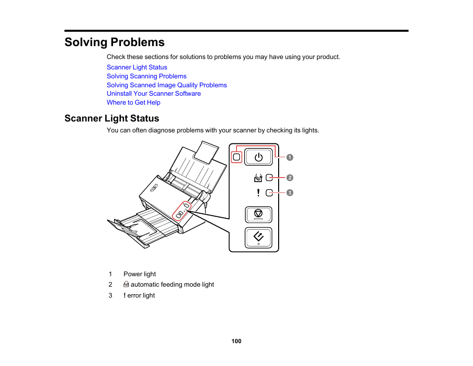 Solving problems, Scanner light status | Epson WorkForce DS-410 Document Scanner User Manual | Page 100 / 128