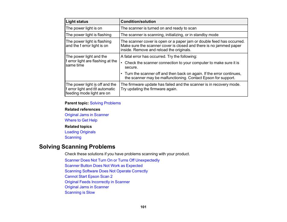 Solving scanning problems | Epson WorkForce DS-410 Document Scanner User Manual | Page 101 / 128