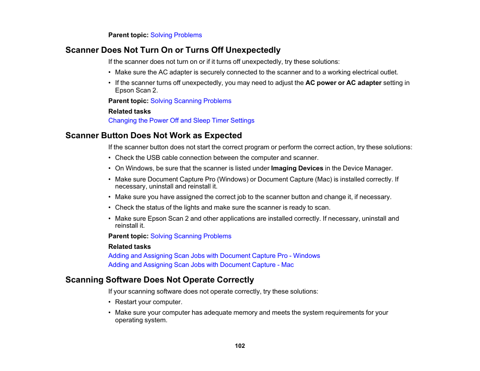 Scanner does not turn on or turns off unexpectedly, Scanner button does not work as expected, Scanning software does not operate correctly | Epson WorkForce DS-410 Document Scanner User Manual | Page 102 / 128