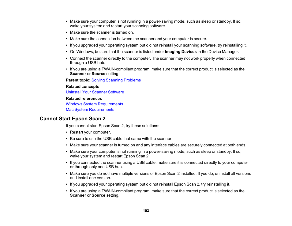 Cannot start epson scan 2 | Epson WorkForce DS-410 Document Scanner User Manual | Page 103 / 128