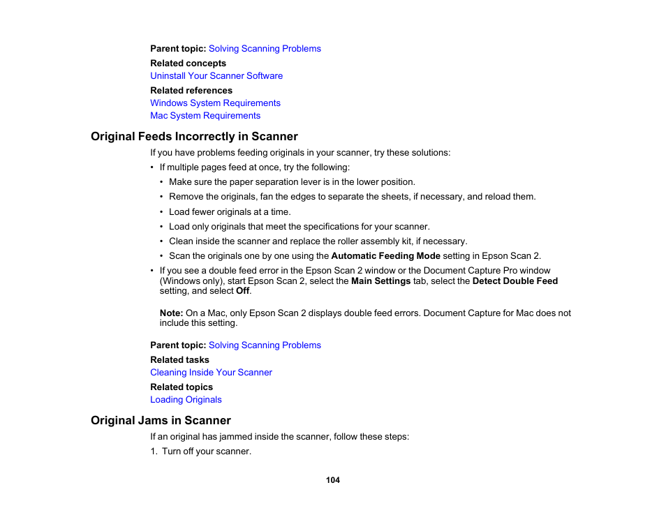 Original feeds incorrectly in scanner, Original jams in scanner | Epson WorkForce DS-410 Document Scanner User Manual | Page 104 / 128