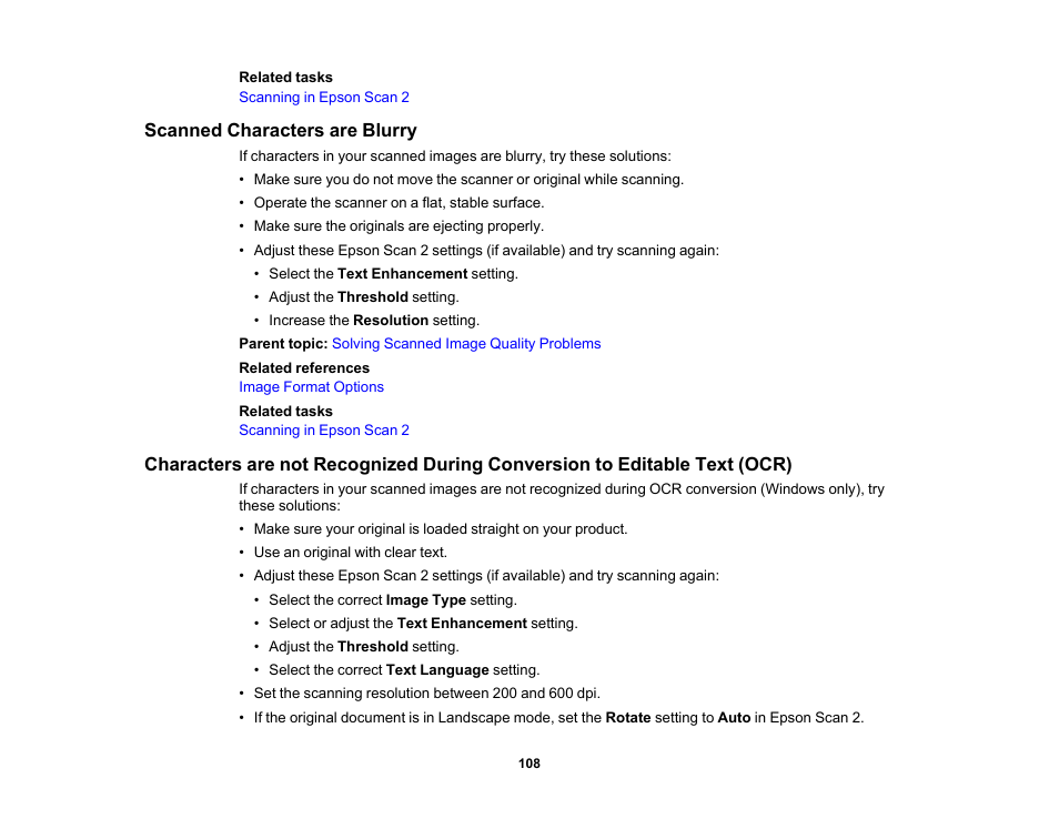 Scanned characters are blurry | Epson WorkForce DS-410 Document Scanner User Manual | Page 108 / 128