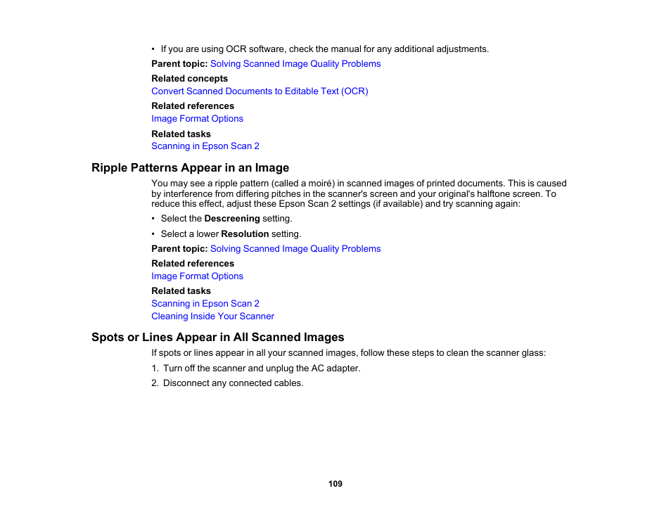 Ripple patterns appear in an image, Spots or lines appear in all scanned images | Epson WorkForce DS-410 Document Scanner User Manual | Page 109 / 128