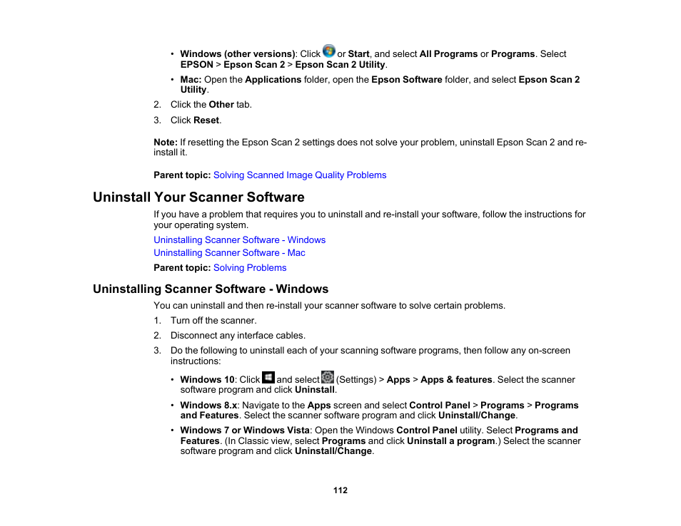 Uninstall your scanner software, Uninstalling scanner software - windows | Epson WorkForce DS-410 Document Scanner User Manual | Page 112 / 128