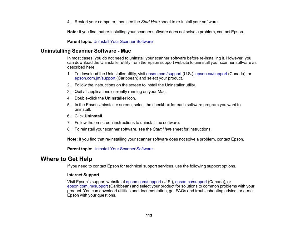 Uninstalling scanner software - mac, Where to get help | Epson WorkForce DS-410 Document Scanner User Manual | Page 113 / 128