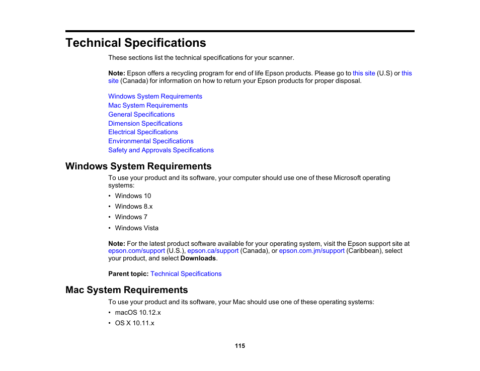 Technical specifications, Windows system requirements, Mac system requirements | Epson WorkForce DS-410 Document Scanner User Manual | Page 115 / 128
