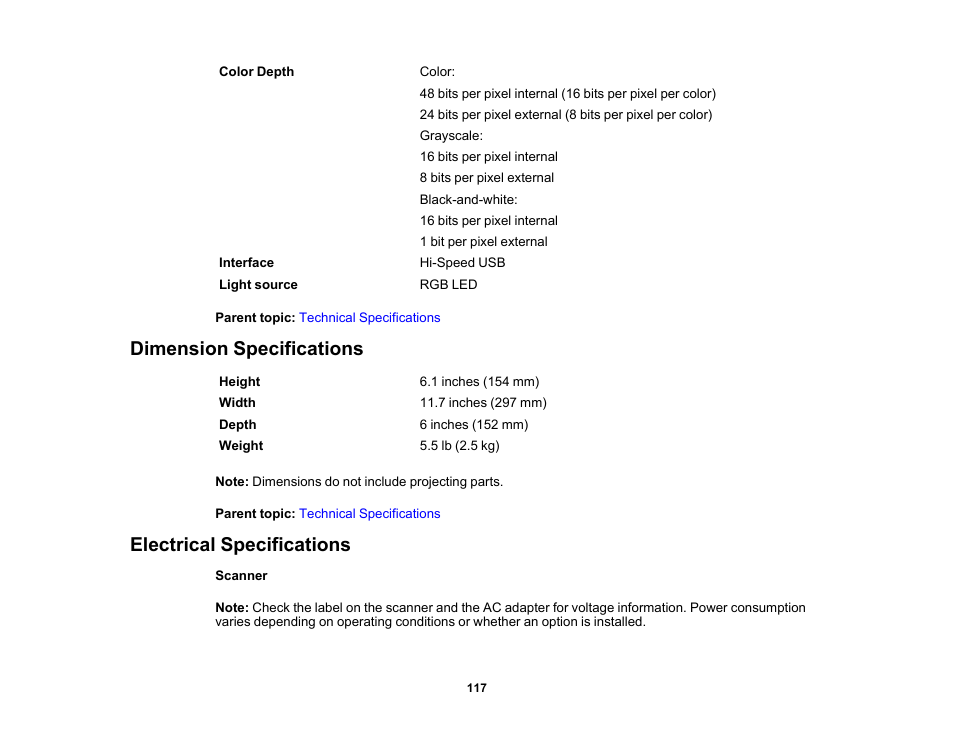 Dimension specifications, Electrical specifications, Dimension specifications electrical specifications | Epson WorkForce DS-410 Document Scanner User Manual | Page 117 / 128