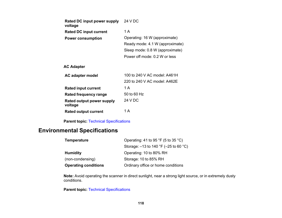 Environmental specifications | Epson WorkForce DS-410 Document Scanner User Manual | Page 118 / 128