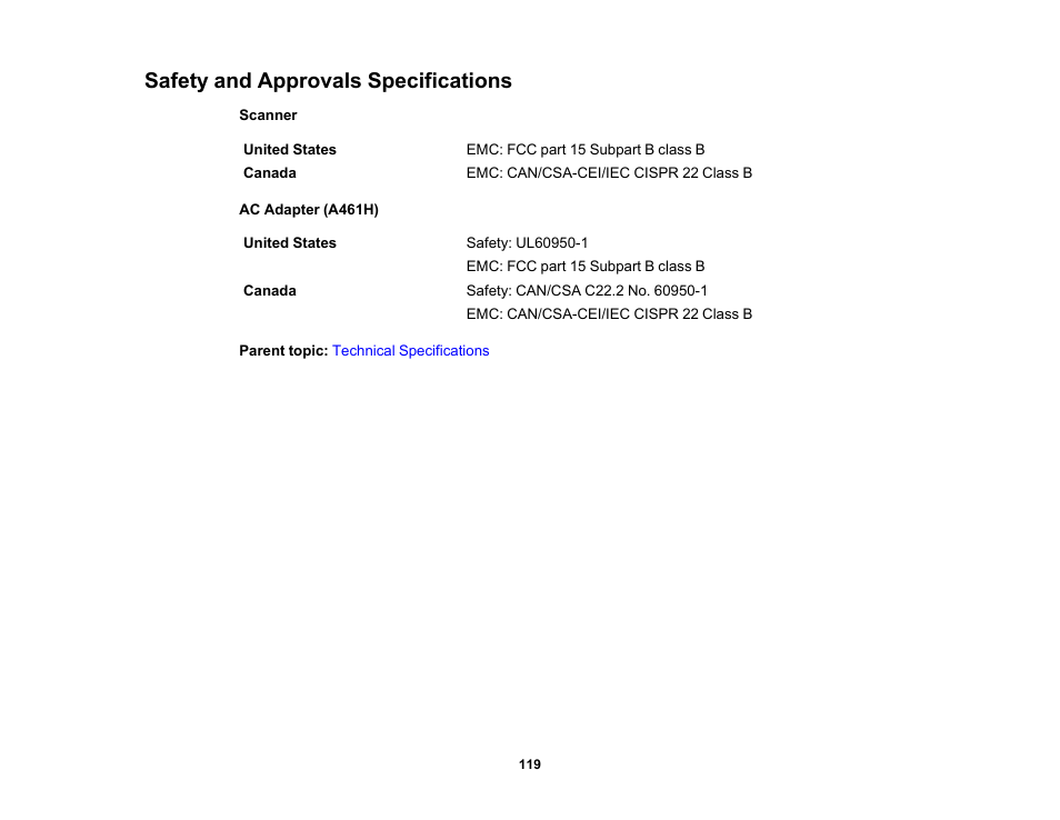 Safety and approvals specifications | Epson WorkForce DS-410 Document Scanner User Manual | Page 119 / 128