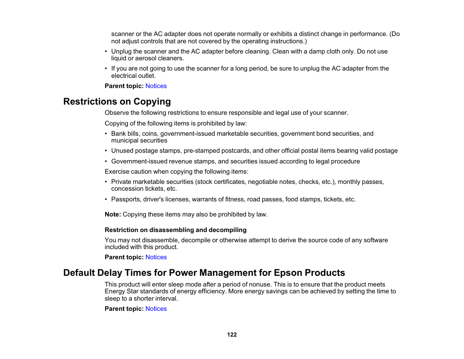 Restrictions on copying | Epson WorkForce DS-410 Document Scanner User Manual | Page 122 / 128