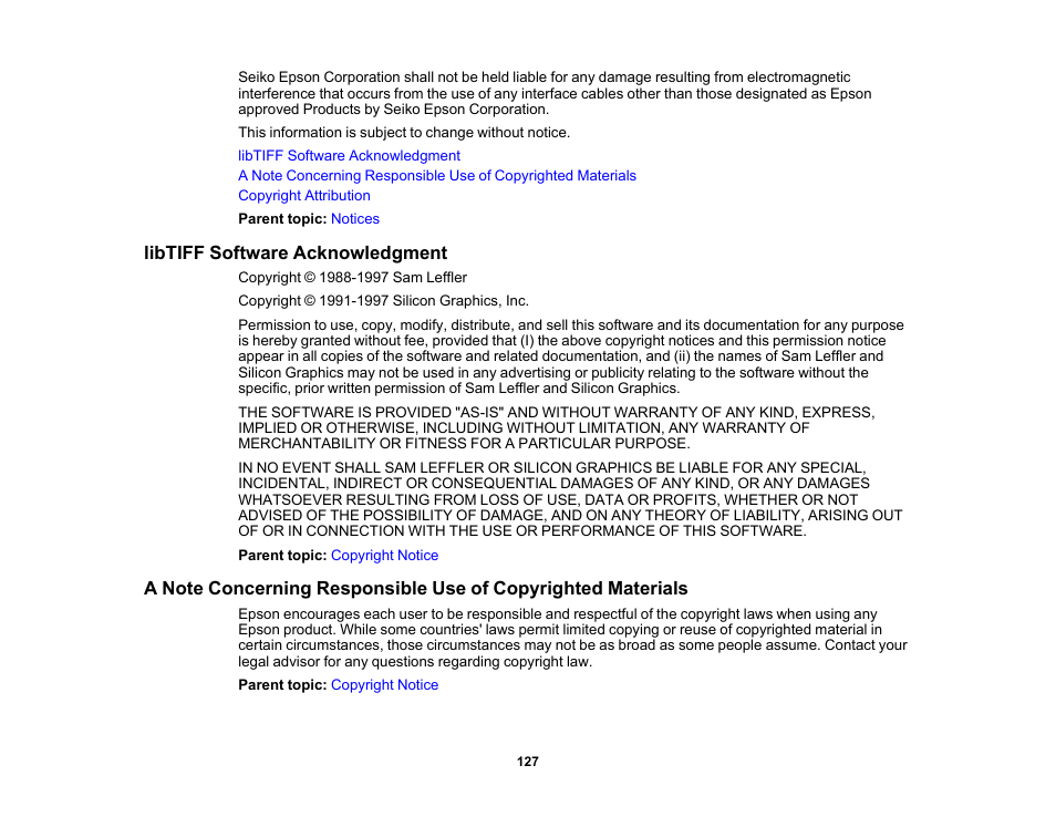 Libtiff software acknowledgment | Epson WorkForce DS-410 Document Scanner User Manual | Page 127 / 128